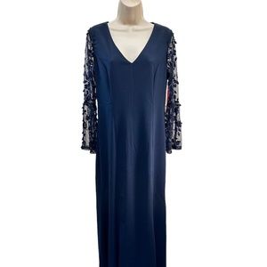 Adrianna Papell 3/4 Floral Applique Sleeve Sheath V Neck Gown Sz 12